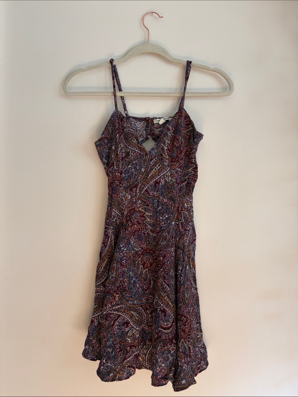 American Eagle Paisley-Print Spaghetti Strap Mini Dress in Burgundy